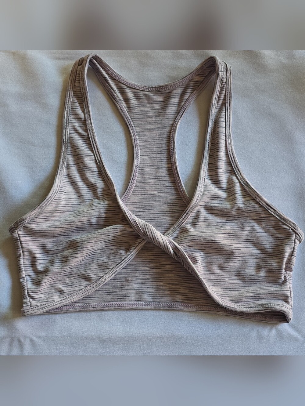 Twist-Front Racerback Sports Bra in Taupe Stripe
